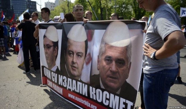 Protests against the agreement in Serbia, Dacic with a white fez