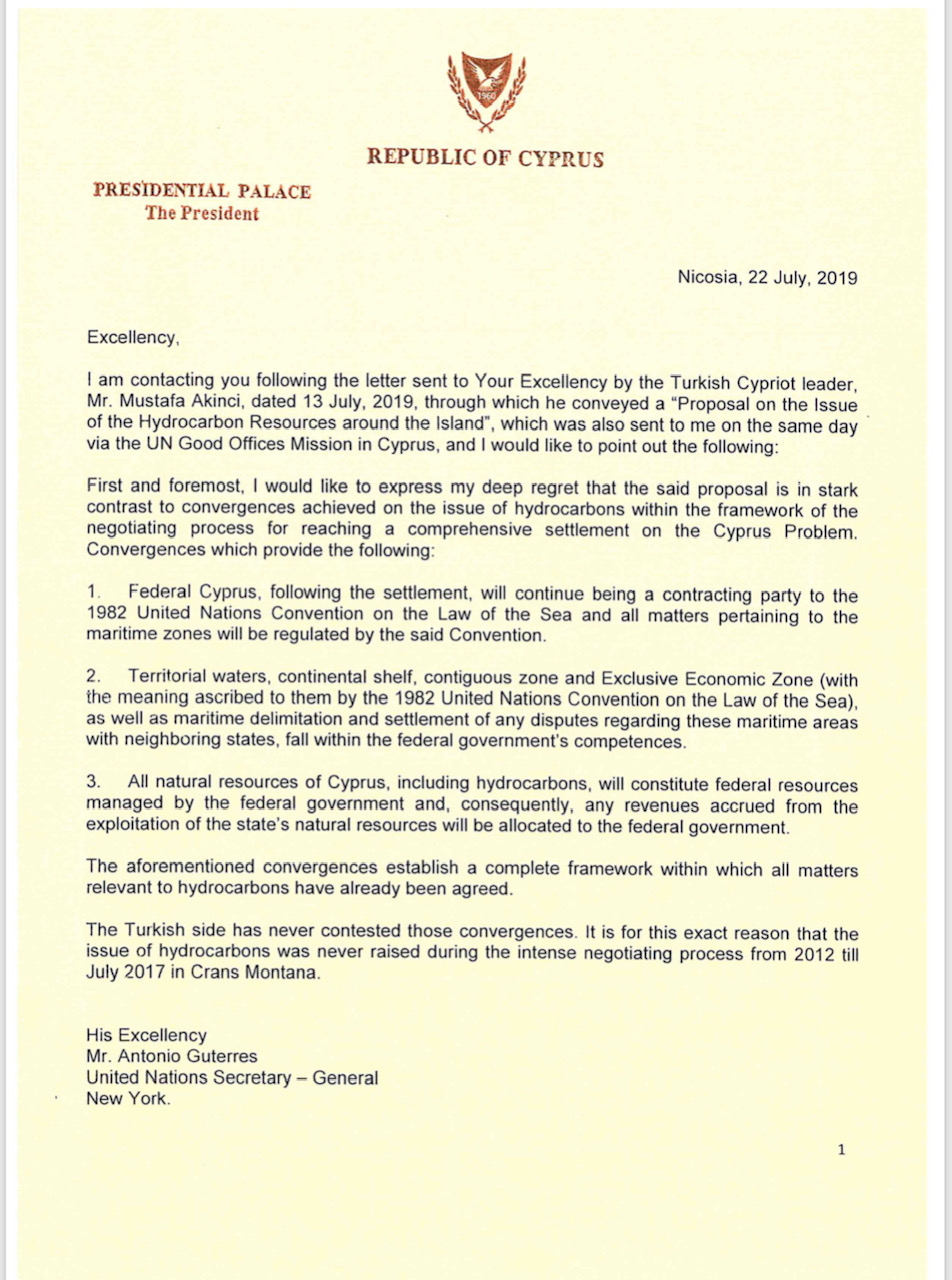 Anastasiades Letter To The Un Secretary General On Natural Gas