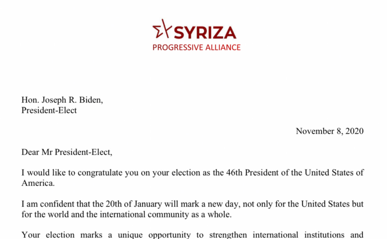 Congratulation letter from Alexis Tsipras to President-Elect Joe Biden