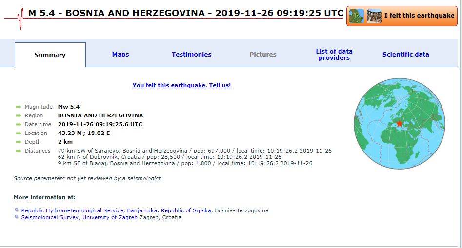 Nekoliko zgrada u BiH oštećeno u zemljotresu